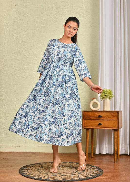 Women Off White & Blue Floral Printed Dress | LASVINI - Redefining Indian Fashion with Elegance