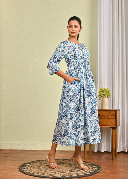 Women Off White & Blue Floral Printed Dress | LASVINI - Redefining Indian Fashion with Elegance