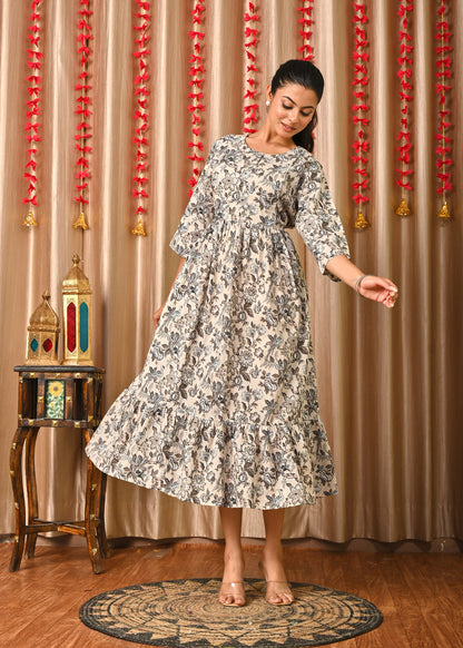 Women Grey Printed Flared Dress | LASVINI - Redefining Indian Fashion with Elegance
