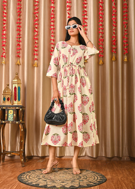 Women Off White & Blue Floral Printed Dress With Three Quarter Sleeves | LASVINI - Redefining Indian Fashion with Elegance