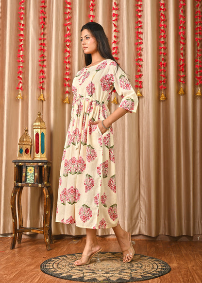 Women Off White & Blue Floral Printed Dress With Three Quarter Sleeves | LASVINI - Redefining Indian Fashion with Elegance