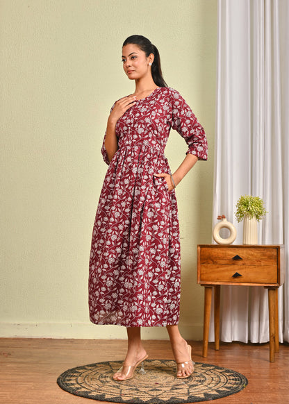 Women Burgundy Printed Flared Dress | LASVINI - Redefining Indian Fashion with Elegance