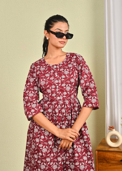 Women Burgundy Printed Flared Dress | LASVINI - Redefining Indian Fashion with Elegance