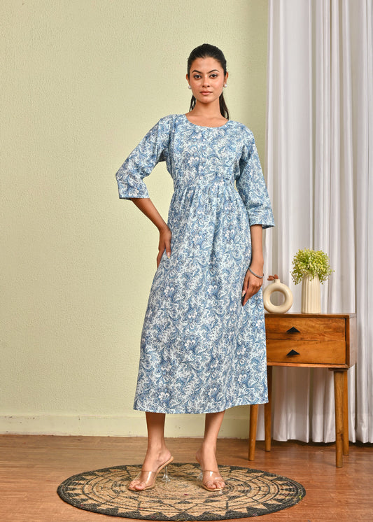 Women Blue Printed Flared Dress | LASVINI - Redefining Indian Fashion with Elegance