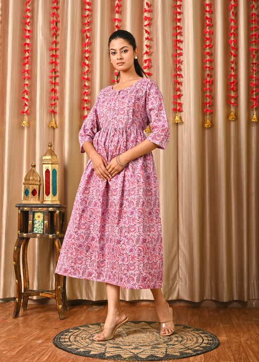 Women Levender Printed Flared Dress | LASVINI - Redefining Indian Fashion with Elegance