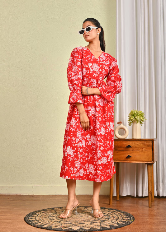 Women Red Printed Flared Dress | LASVINI - Redefining Indian Fashion with Elegance