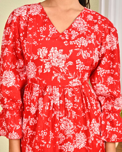 Women Red Printed Flared Dress | LASVINI - Redefining Indian Fashion with Elegance