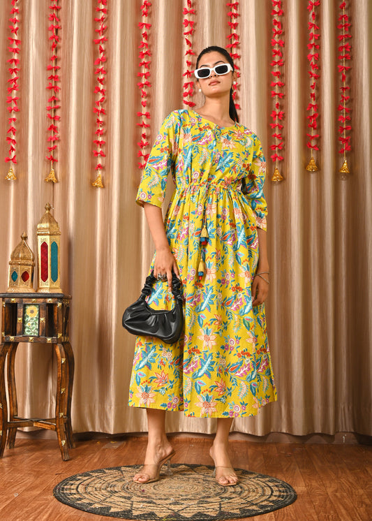 Women Yellow Printed Flared Dress | LASVINI - Redefining Indian Fashion with Elegance