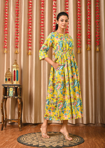 Women Yellow Printed Flared Dress | LASVINI - Redefining Indian Fashion with Elegance