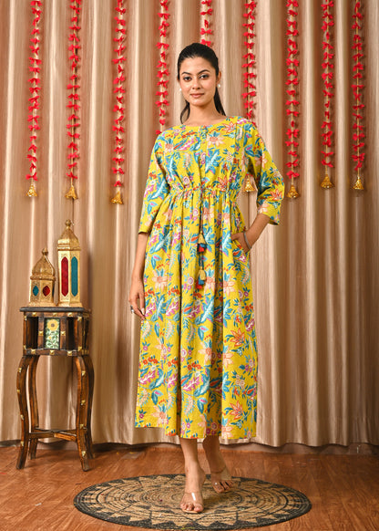 Women Yellow Printed Flared Dress | LASVINI - Redefining Indian Fashion with Elegance