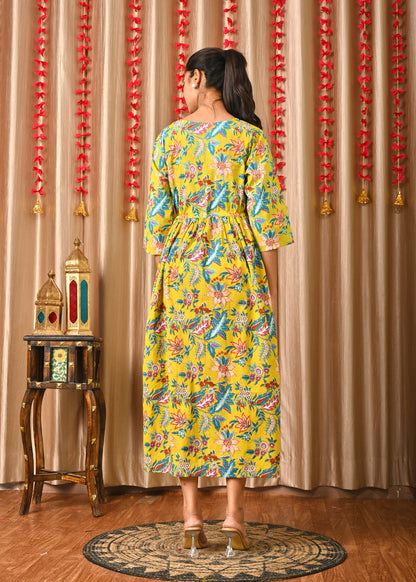 Women Yellow Printed Flared Dress | LASVINI - Redefining Indian Fashion with Elegance