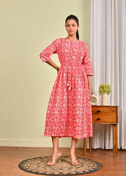 Women Pink Printed Flared Dress | LASVINI - Redefining Indian Fashion with Elegance