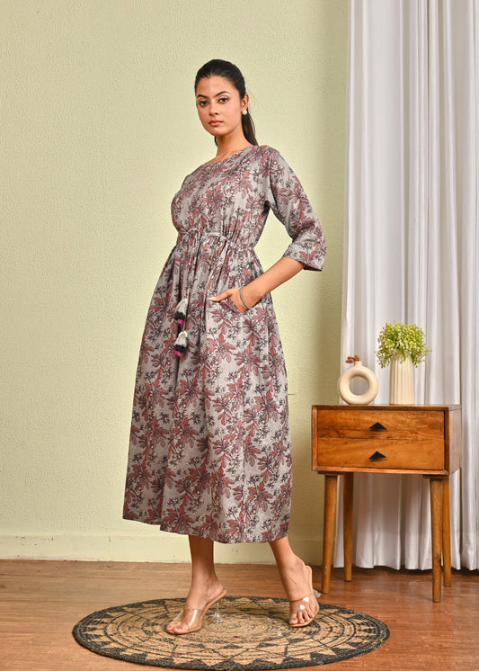 Women Grey Printed Flared Dress | LASVINI - Redefining Indian Fashion with Elegance