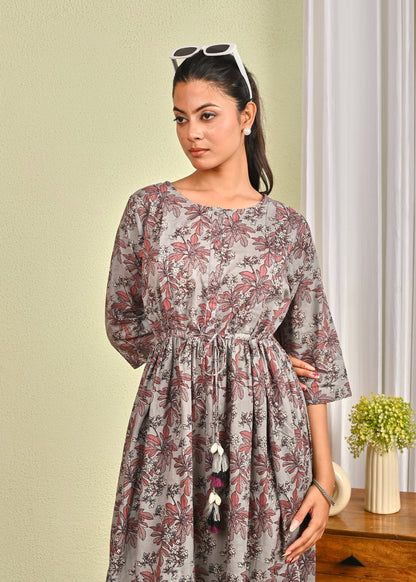 Women Grey Printed Flared Dress | LASVINI - Redefining Indian Fashion with Elegance
