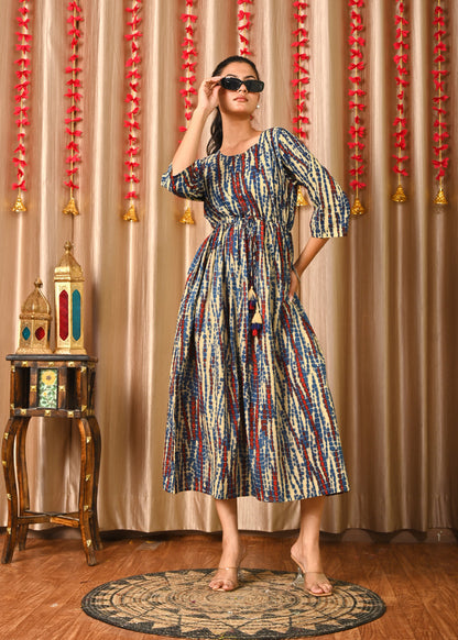 Women Multi Printed Flared Dress | LASVINI - Redefining Indian Fashion with Elegance