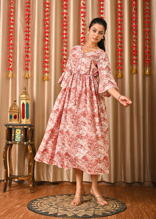 Women Mauve Floral Printed Flared Dress | LASVINI - Redefining Indian Fashion with Elegance