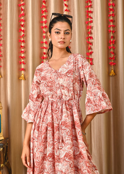 Women Mauve Floral Printed Flared Dress | LASVINI - Redefining Indian Fashion with Elegance