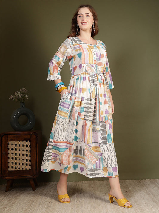 Women Multicolor Printed Flared Dress | LASVINI - Redefining Indian Fashion with Elegance