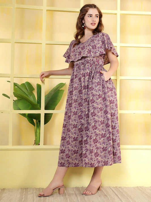 Women Purple Printed Flared Dress | LASVINI - Redefining Indian Fashion with Elegance