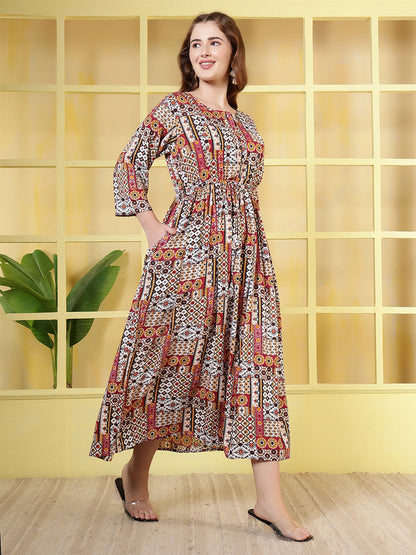Women Multicolor Printed Flared Dress | LASVINI - Redefining Indian Fashion with Elegance