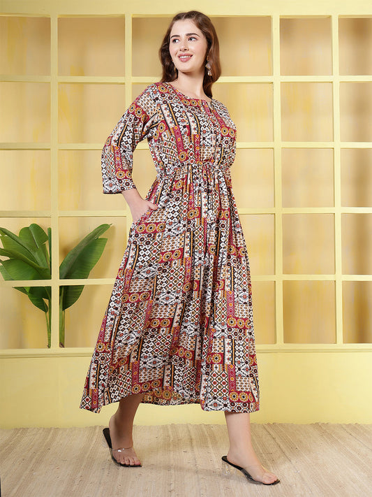 Women Multicolor Printed Flared Dress | LASVINI - Redefining Indian Fashion with Elegance