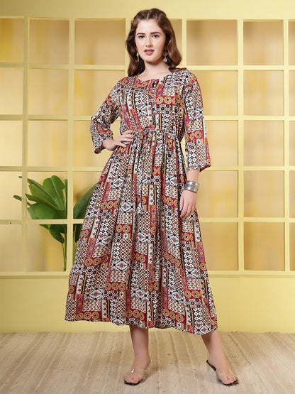 Women Multicolor Printed Flared Dress | LASVINI - Redefining Indian Fashion with Elegance