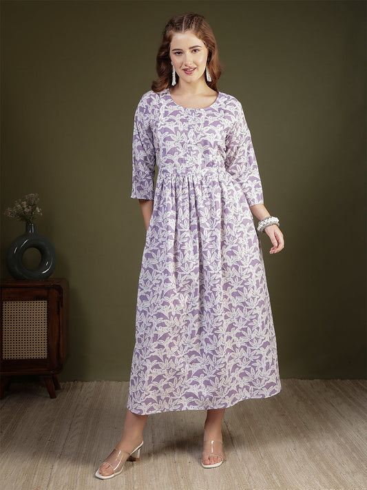 Women Purple Printed Flared Dress | LASVINI - Redefining Indian Fashion with Elegance