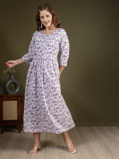 Women Purple Printed Flared Dress | LASVINI - Redefining Indian Fashion with Elegance