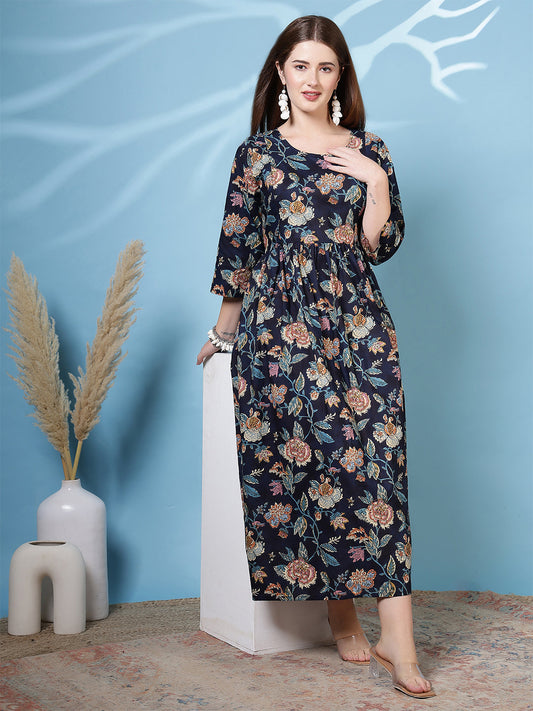 Navy Blue Printed Dress For Women | LASVINI - Redefining Indian Fashion with Elegance