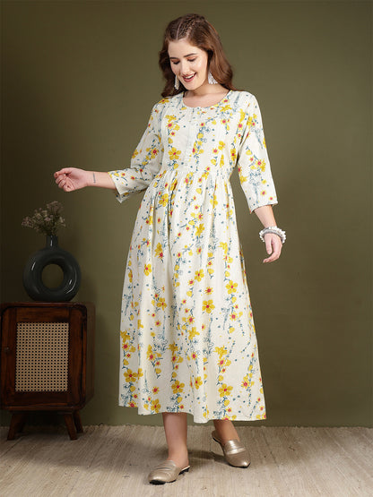 Off white Printed Flared Dress for Women | LASVINI - Redefining Indian Fashion with Elegance