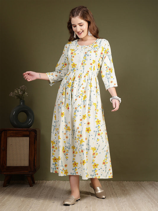 Off white Printed Flared Dress for Women | LASVINI - Redefining Indian Fashion with Elegance