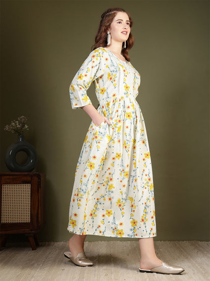Off white Printed Flared Dress for Women | LASVINI - Redefining Indian Fashion with Elegance