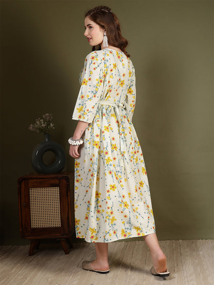 Off white Printed Flared Dress for Women | LASVINI - Redefining Indian Fashion with Elegance