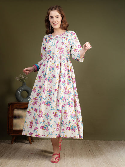 Off white Printed Flared Dress for Women | LASVINI - Redefining Indian Fashion with Elegance
