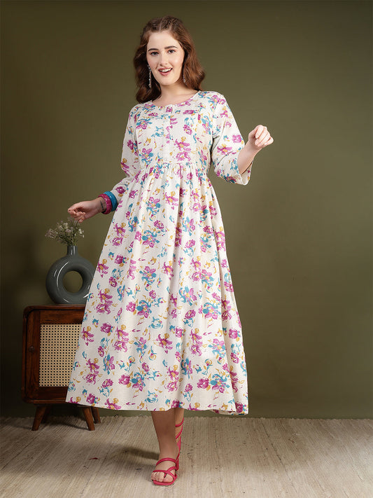 Off white Printed Flared Dress for Women | LASVINI - Redefining Indian Fashion with Elegance
