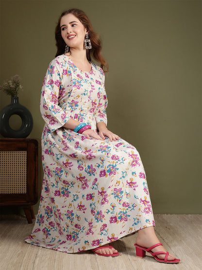 Off white Printed Flared Dress for Women | LASVINI - Redefining Indian Fashion with Elegance