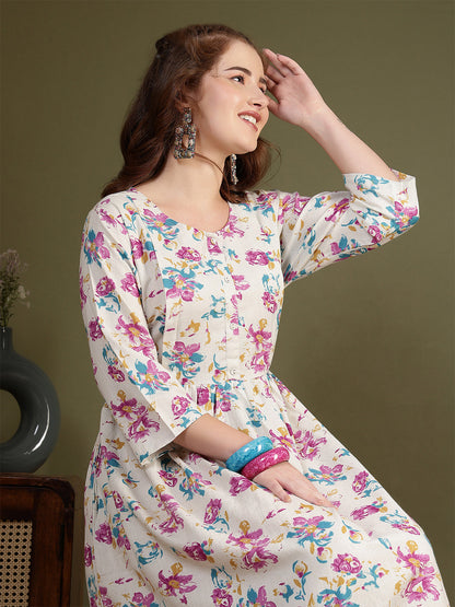 Off white Printed Flared Dress for Women | LASVINI - Redefining Indian Fashion with Elegance