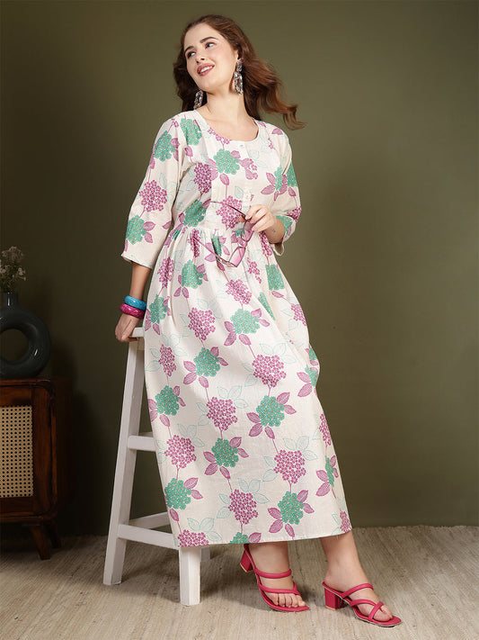 Off white Printed Flared Dress for Women | LASVINI - Redefining Indian Fashion with Elegance