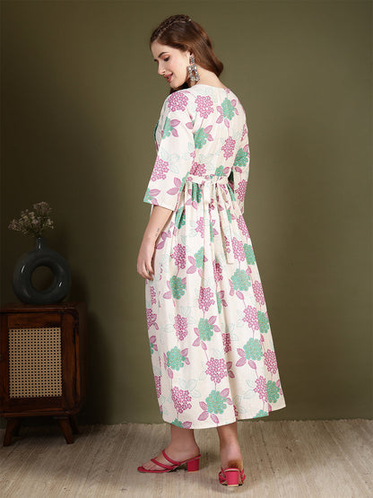 Off white Printed Flared Dress for Women | LASVINI - Redefining Indian Fashion with Elegance