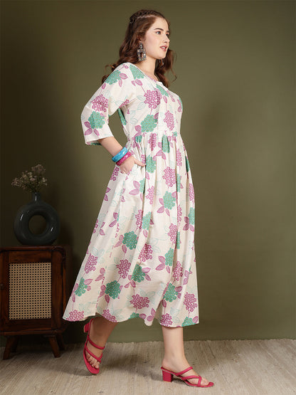 Off white Printed Flared Dress for Women | LASVINI - Redefining Indian Fashion with Elegance