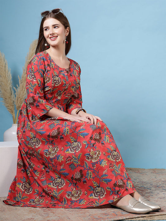 Maroon Floral Printed Flared Dress for Women | LASVINI - Redefining Indian Fashion with Elegance