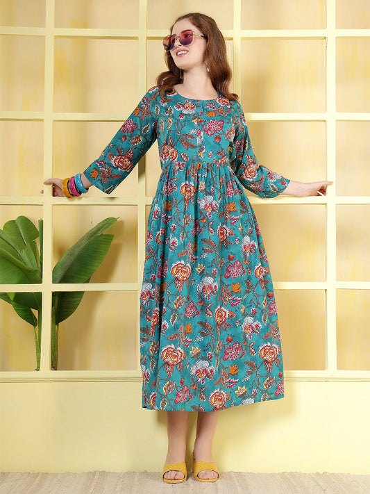 Blue Floral Printed Dress fro Women | LASVINI - Redefining Indian Fashion with Elegance
