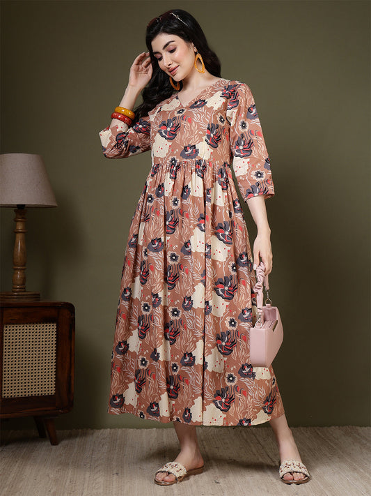 Taupe Printed Dress for Women | LASVINI - Redefining Indian Fashion with Elegance