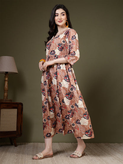 Taupe Printed Dress for Women | LASVINI - Redefining Indian Fashion with Elegance