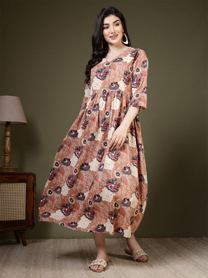 Taupe Printed Dress for Women | LASVINI - Redefining Indian Fashion with Elegance