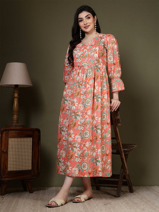 Peach Floral Printed Dress for Women | LASVINI - Redefining Indian Fashion with Elegance