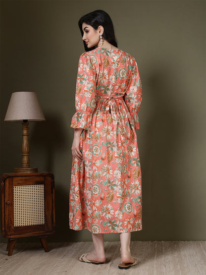 Peach Floral Printed Dress for Women | LASVINI - Redefining Indian Fashion with Elegance