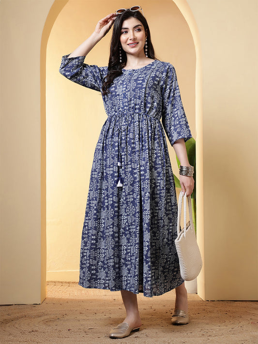 Blue Printed Dress for Women | LASVINI - Redefining Indian Fashion with Elegance