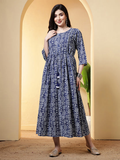 Blue Printed Dress for Women | LASVINI - Redefining Indian Fashion with Elegance
