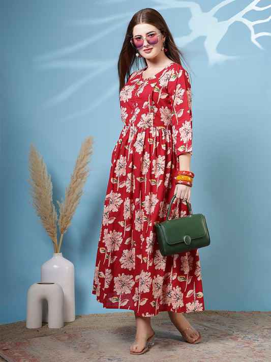 Red Floral Printed Dress fro Women | LASVINI - Redefining Indian Fashion with Elegance